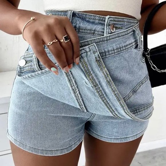 Blue Denim Skort Asymmetric High Rise Skirt Shorts combo 5 Pockets School Casual - Picture 4 of 13